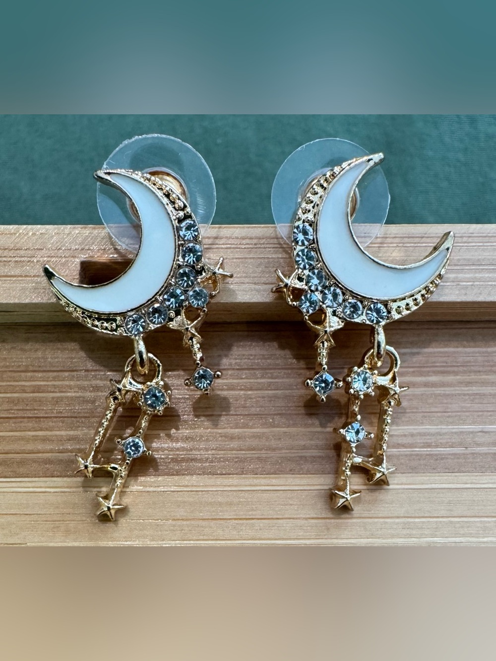 Celestial Crescent Moon Star Tassel Rhinestone Gold Earrings NWOT